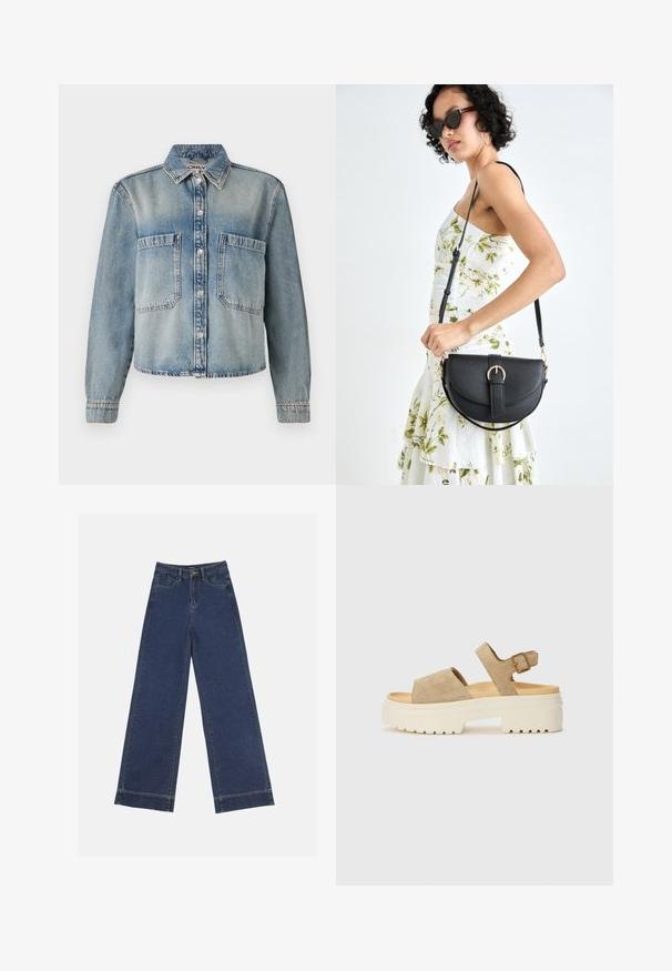 Light blue denim jacket with a pointed collar, button front, and two chest pockets. Features long sleeves and a slightly cropped design.; Wide-leg jeans in dark blue denim. Features five pockets, belt loops, and a raw hem at the bottom with visible stitching details.; Suede sandals in light beige with a wide strap and adjustable ankle buckle. Chunky white sole with textured tread for grip.; Black leather handbag with a curved shape, detachable strap, and gold hardware. The bag features a flap with a buckle detail.