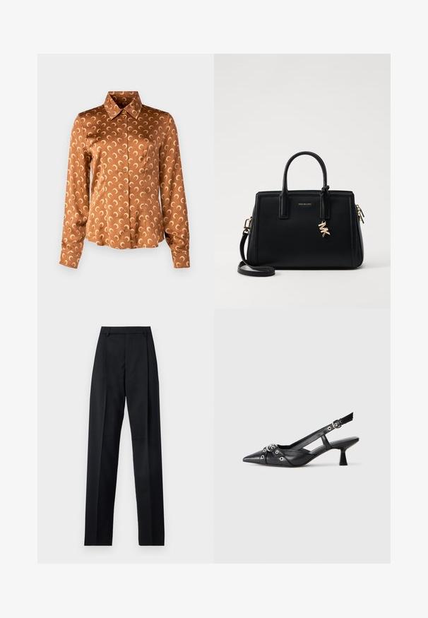 Smeđa košulja s satenskim finishom, s kopčanjem na gumbe, ovratnikom i uzorkom svijetlih polumjeseca po cijeloj površini. Dugi rukavi.; Crne hlače od glatkog materijala s visokim strukom, širokim nogavicama, prednjim pregibima i klasičnim petljama za remen. Nema vidljivih bočnih džepova.; Crne kožne cipele s remenom oko pete, s izduženim vrhom, dekorativnim trakama s metalnim rupama i niskom blok petom. Teksturirana površina.; Crna kožna torba s strukturiranim dizajnom, dvostrukim gornjim ručkama, odvojivim remenom za rame, zlatnim detaljima i akcentom s logom.