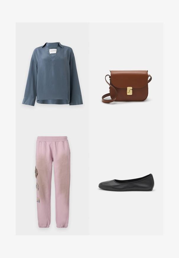 Top in satin blu con maniche lunghe, scollatura a V e colletto. Presenta un taglio squadrato e polsini con una texture liscia. Etichetta del marchio visibile all'interno.; T-shirt bianca a maniche corte realizzata in tessuto a costine. Collo rotondo, vestibilità regolare e dettagli di cucitura sottili. Senza motivi o grafiche.; Pantaloni della tuta rosa con vita elastica, caratterizzati da toppe decorative a forma di diamante sul lato sinistro e polsini elastici alle caviglie.; Pantofole da balletto nere in pelle con punta arrotondata, texture liscia, dettagli di cucitura minimi e design con suola flessibile.; Borsa a tracolla in pelle marrone con chiusura a pattina, hardware color oro, tracolla e una finitura liscia. Forma rettangolare compatta.