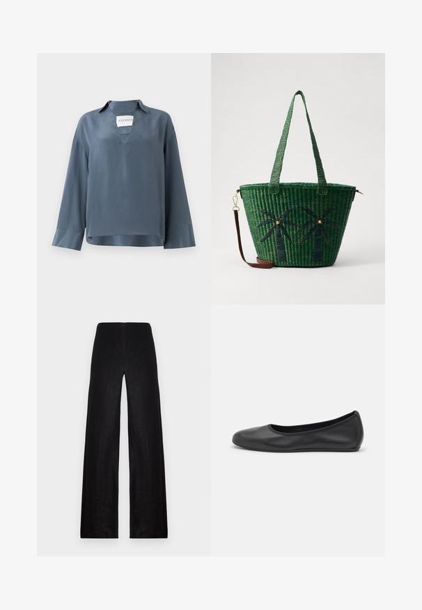 Langärmliges, blaues Sato-Shirt mit V-Ausschnitt und Kragen. Verfügt über einen kastigen Schnitt und Manschetten mit glatter Textur. Markenetikett innen sichtbar.; Schwarze, weit geschnittene Hosen aus leichtem Stoff. Merkmale sind eine hohe Taille, eine glatte Textur und klare Linien ohne Taschen oder Verzierungen.; Schwarze Leder-Ballettschuhe mit abgerundeter Spitze, glatter Textur, minimalen Nähdetails und einem flexiblen Sohlen-Design.; Grüne geflochtene Tragetasche mit Palmbaumdesigns in dunklerem Grün; mit zwei Griffen und einem abnehmbaren braunen Ledertragegurt.