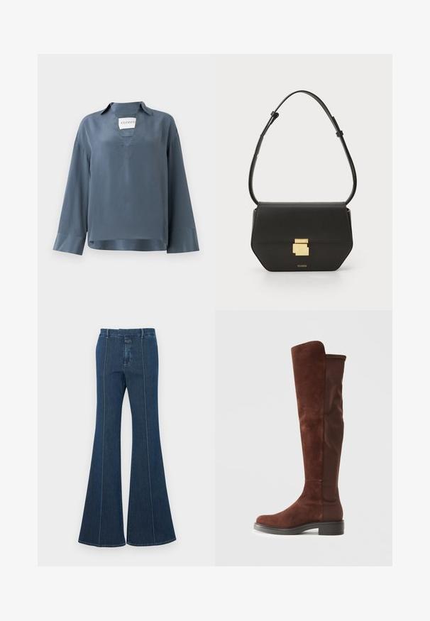 Långärmad, blå satinblus med v-ringning och krage. Har en boxig passform och manschetter med en mjuk textur. Märkesetikett synlig inuti.; Jeans med utsvängda ben i mörkblått, med strukturerade sömmar och en ren finish. Har en midjehöjd som är medelhög och breda, svängda ben.; Höga bruna mocka- och tygstövlar med låg svart klack och rund tå, visade i sidovy mot vit bakgrund.; CLOSED CLOSED ONE - Axelremsväska - black