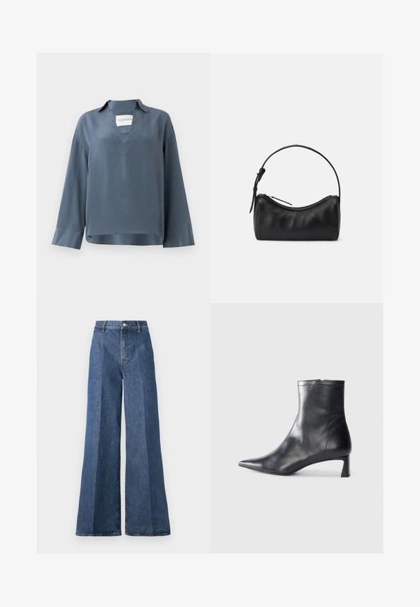 Garais piedurknes, zils satīna krekls ar V-veida izgriezumu un apkakli. Iezīmējas ar taisnu griezumu un piedurknēm ar gludu tekstūru. Zīmola etiķete redzama iekšpusē.; Platām kājām zili denim džinsi ar augstu jostasvietu, ar klasisko piecu kabatu dizainu un pogu aizdari, izgatavoti no teksturēta kokvilnas auduma.; Melnas ādas potītes zābaki ar norādītu pirkstu un elegantu dizainu. Iezīmē zemu papēdi un rāvējslēdzēja aizdari aizmugurē. Gluda tekstūra.; Melna ādas plecu soma ar izliekumu, ar rāvējslēdzēju un šauru siksniņu. Iespējas gluda tekstūra un smalki šuvumi.