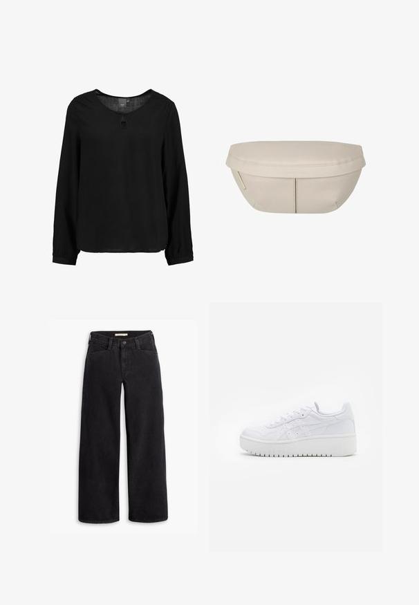 ICHI IHMAJA LS - Camicetta - black; Jeans neri a gamba larga realizzati in denim. Caratterizzati da una vita alta, tasche frontali e una chiusura con cerniera e bottone. Texture uniforme.; Sneaker piattaforma bianche con texture in pelle liscia, dettagli perforati e lacci piatti; presenta una robusta suola in gomma bianca.; Pochette in tessuto beige dalla forma arrotondata, con parte superiore piatta e dettagli di cucitura sottili. Include un logo minimalista e una strap laterale.