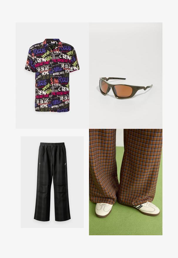Brave Soul Camisa - black / multi-colour; Calças pretas em padrão xadrez com cintura elástica, dois bolsos frontais e um ajuste solto com design de perna reta. Feitas de material leve.; Calças largas em padrão xadrez castanho e azul, combinadas com sapatos brancos com detalhes pretos e solas texturizadas, contra um fundo verde.; Óculos de sol verde-oliva com lentes retangulares e vidro laranja, apresentando uma armação texturizada e templos angulares distintos.