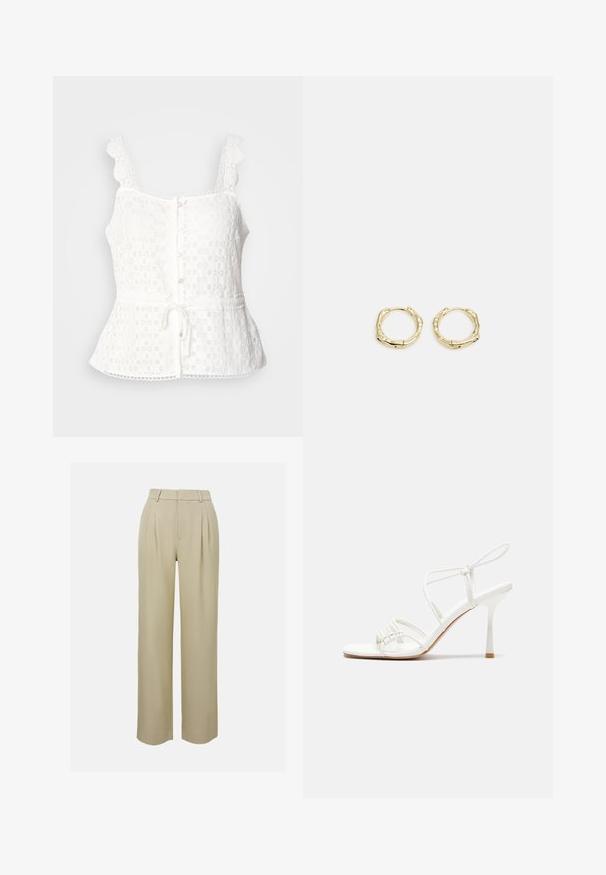 Top bianco in pizzo con spalline ondulate, chiusura anteriore con bottoni, orlo peplum e cintura regolabile in vita. Delicato motivo floreale su tutta la superficie.; Pantaloni beige a gamba larga realizzati in tessuto morbido, con pieghe frontali, vita su misura e tasche laterali. Orlo pulito.; Sandalo alto con tacco bianco a strisce, con una base piatta per le dita, un frontale testurizzato con dettagli arricciati e una sottile cinghia alla caviglia.; Orecchini a cerchio in oro con una forma irregolare e texture. Presentano una chiusura senza giunture e una finitura superficiale lucida, che enfatizza un design moderno.