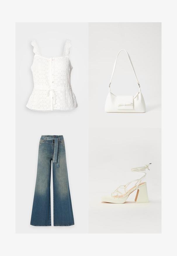 Witte kanten top met scalloped schouderbanden, knoopsluiting aan de voorkant, peplum zoom en verstelbare strik in de taille. Delicaat bloemenpatroon overal.; Wijduitlopende denim broek met een lichte naar donkere blauwe gradient, hoge taille, riemlussen en een bijpassende stoffen riem. Gestructureerde denimafwerking.; Witte hoge hakken sandaal met een chunky hak, met een bandjesontwerp en enkelband. Gladde textuur met een plateau voor extra hoogte.; Witte synthetische handtas met een driehoekige vorm, platte voorklep en strikdetail, verstelbare schouderriem, gladde textuur en minimalistisch ontwerp.