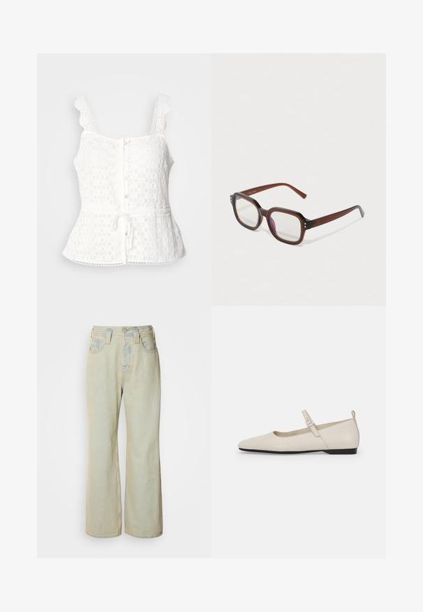 Hvid blonde-top med bølgede stropper, knaplukning foran, peplum-nederdel og justerbar snøreliv. Delikat blomstermønster hele vejen igennem.; Lysblå, brede bukser i denim med høj talje, fem lommer og diskret falmning med kontraststikninger.; Hvide læder Mary Jane flade sko med spids tå, sidelukning og lav sort hæl. Glat overflade og minimalistisk design.; Brune halvtransparente rektangulære briller med klare linser, svag lilla refleksion og små guld dekorative prikker i de forreste hjørner.; Sølv hoop ørestik med en poleret overflade, prydet med små guld accenter og en rund form, båret på øreflippen.