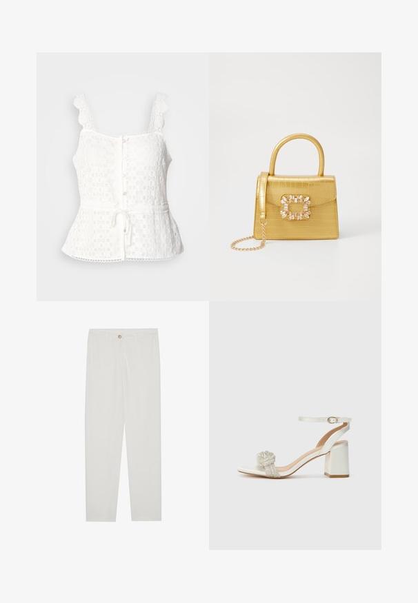 Hvid blonde-top med bølgede stropper, knaplukning foran, peplum-nederdel og justerbar snøreliv. Delikat blomstermønster hele vejen igennem.; Hvide, skrædderlavede bukser med lige ben design, udstyret med knaplukning, bæltesløjfer og sidelommer; glat stoftekstur.; Hvid åben tå sandal med en tyk blokhæl, der har et struktureret glimmerbånd over foden og en justerbar ankelrem.; Gul faux-krokodille skuldertaske med struktureret design, top-håndtag, aftagelig kædetraske og dekorativ krystaldekoration på låsen.