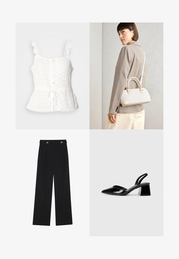 Weißes Spitzentop mit gewellten Trägern, Knopfverschluss vorne, Peplum-Saum und verstellbarem Bindeband in der Taille. Zartes Blumenmuster auf der gesamten Fläche.; Schwarze weite Hosen mit hoher Taille, Knopfdetails am Bund und vorderen Falten.; Schwarze Lackleder-Slingback-High Heels mit spitzem Schuh und einem geometrischen Blockabsatz. Verfügt über ein schlankes, minimalistisches Design und eine glatte Textur.; Weiße strukturierte Handtasche mit kurzen Griffen und einem Schultergurt, ausgestattet mit goldfarbenen Hardware-Elementen und strukturiertem Material, vor einem grauen Hintergrund präsentiert.
