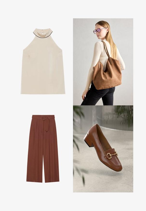 Beige ermeløs halter topp i glatt stoff med høy krage og baklås, med minimalistisk design og uten synlige mønstre.; Bredde bukser i brunt stoff, med belte med firkantet spenne, plisserte design og myk tekstur.; Brun lakkert skinn loafer med firkantet tå, metallkjedeakkent, og lav blokkheel; glatt tekstur, minimalistisk design.; Brun semsketotebag med myk tekstur, stor åpning og lange stropper. Har et enkelt design med synlig søm og uten maskinvare.