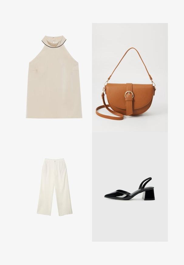 Beige ärmlös halterneck-topp i mjukt material med hög krage och dragkedja bak, med en minimalistisk design och inga synliga mönster.; Breda byxor i krämfärgad tyg med en mjuk yta, med en enda knapp fram, subtila veck och en hög midja design.; Svarta lackläder slingback klackar med spetsig tå och geometrisk klack. Har en elegant, minimalistisk design och slät yta.; Brun läder crossbody-väska med en böjd form, gyllene detaljer och en spänneaccent. Har en avtagbar axelrem.