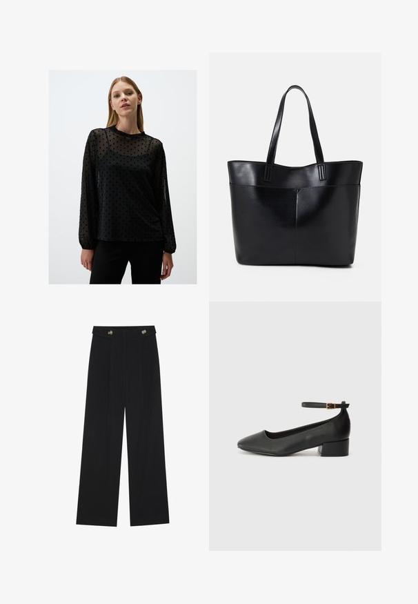 Blusa nera trasparente con texture a pois, maniche lunghe, scollatura a girocollo e vestibilità ampia, indossata sopra una maglietta nera a tinta unita.; Pantaloni neri a gamba larga con vita alta, dettagli con bottoni in vita e pieghe frontali.; Pump in pelle nera con punta affusolata e tacco basso a blocco. Presenta una cinghia alla caviglia con una fibbia in tonalità oro. Texture liscia.; Borsa a tracolla in pelle nera con due manici lunghi, una texture liscia e una forma strutturata. Presenta una tasca frontale per ulteriore spazio di archiviazione.