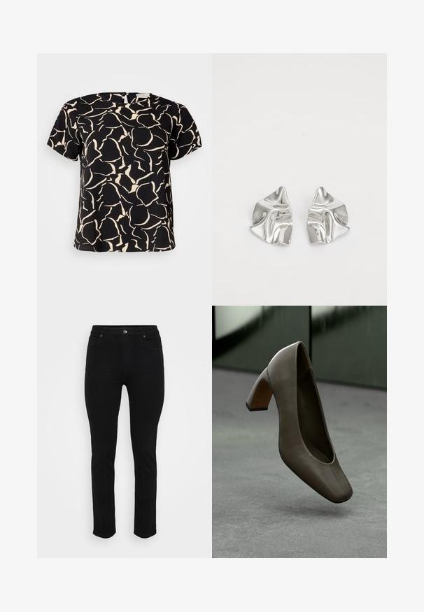 ONLY Carmakoma CARVICA - Bluse - white/black; Sorte denim jeans med slim fit, fem-lomme design, front knappelukking og lett stretch for komfort. Flat, jevn tekstur med minimal detaljer.; Mørk olivengrønn lærhøyhellet sko med firkantet tå og blåk heel, svevende over et grått betonggulv med en uskarp grønn bakgrunn.; Sølvmetall øredobber med et bølgete, skulpturelt design, preget av en polert finish og uregelmessige former, som fremhever en moderne estetikk.