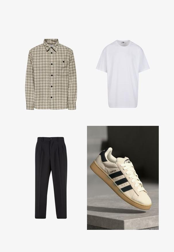 Rutig button-up skjorte med et beige og mørkegrønt ternet mønster, lange ærmer, krave og en enkelt brystlomme med en knap.; Hvid bomulds t-shirt med korte ærmer, rund halsudskæring, afslappet pasform, og ingen synlige logoer eller mønstre. Glat tekstur og minimalistisk design.; Sorte bukser med plisseret frontdesign, lavet af glat stof. Har knaplukning og bæltestropper; lige pasform.; Beige ruskinds sneaker med tre mørkeblå striber, hvide snørebånd og en tan farvet gummisål. Har et logo på tungen og teksten "CAMPUS".