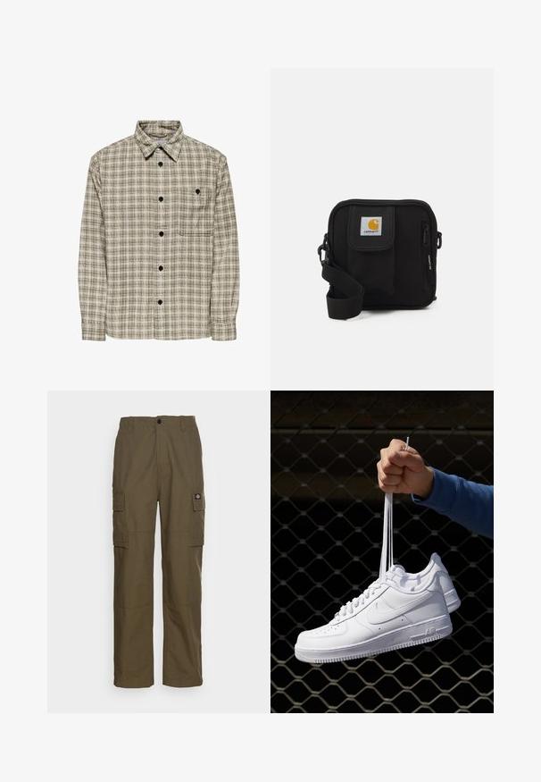 Rutig button-up skjorte med et beige og mørkegrønt ternet mønster, lange ærmer, krave og en enkelt brystlomme med en knap.; Hvid bomulds T-shirt med korte ærmer, rund halsudskæring og en afslappet pasform. Glat tekstur uden synlige mønstre eller detaljer.; Cargo bukser i olivengrøn, lavet af slidstærkt stof. Har to sidelommer, en standard talje og en lige ben design.; Hvide lædersneakers med perforeringer, rund tå, flad sål og tykke snørebånd, med et synligt swoosh-logo og "AIR" på hælen.; Sort crossbody taske med et lynlåset hovedrum, frontlomme, justerbar strop og et synligt logo patch på klappen.