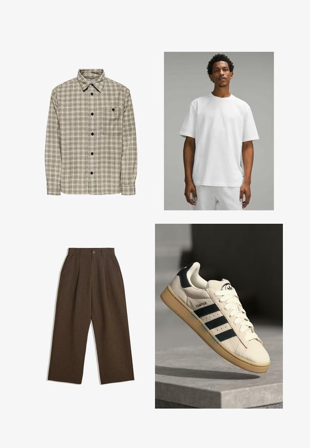 Kariertes Hemd mit Knopfleiste in beigem und dunkelgrünem Muster, langen Ärmeln, Kragen und einer einzelnen Brusttasche mit Knopf.; Weißes Baumwoll-T-Shirt mit kurzen Ärmeln, rundem Halsausschnitt und lockerem Schnitt. Glatte Textur, schlichtes Design, keine sichtbaren Muster oder Akzente.; Braune Plisseehosen mit weitem Bein, ausgestattet mit einem Knopfverschluss und seitlichen Taschen, aus strukturiertem Stoff, der sich gut für Freizeitkleidung eignet.; Beige Wildledersneaker mit drei dunkelblauen Streifen, weißen Schnürsenkeln und einer tannfarbigen Gummisohle. Verfügt über ein Logo auf der Zunge und den Text "CAMPUS".
