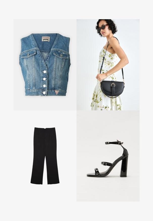 Guess EVA - Top - on the side; Črne hlače ravnega kroja z naglavnimi žepi in stranskimi razporki na robu. Narejene iz mehke, gladke tkanine. Primerne za različne priložnosti.; Črne lakirane sandale s peto, kvadratnim prstom, trakovi okrog gležnja in srebrnimi zaponkami. Opremljene so s stabilno Debelo peto.; Črna usnjena torbica s ukrivljeno obliko, z odstranljivo naramnico in zlatimi dodatki. Torbica ima pokrov s podrobnostmi v obliki zaponke.