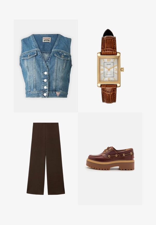Guess EVA - Top - on the side; Kalhoty s širokými nohavicemi vyrobené z hladkého tmavě hnědého materiálu. Mají vysoký pas a minimalistický design bez ozdob.; Hnědé kožené boty na lodi s robustní hnědou gumovou podrážkou, zlatými očky a kontrastním prošíváním. Na boku se nachází logo.; Kvadrové hodinky Casio s obdélníkovým pouzdrem ve zlatém tónu, bílým ciferníkem, zlatými hodinovými značkami a hnědým koženým řemínkem s krokodýlím vzorem. Voděodolné.