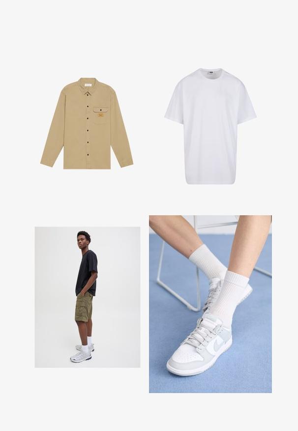 Beidzēta brūna krekls ar garām piedurknēm, izgatavots no kokvilnas, ar pogājamām apkaklēm, melnām pogām, krūšu kabatu un zīmola etiķeti uz kabatas.; Balta kokvilnas T-kreklu ar īsām piedurknēm, apaļu kakla izgriezumu, brīvu piegriezumu un bez redzamām logo vai rakstiem. Gluda tekstūra un minimālistisks dizains.; Melnā īsā piedurkņu T-kreklā, olīvu zaļos kravas šortos ar kabatām, baltās potītēs zeķēs un sudraba sporta apavos, stāvot uz neitrāla fona.; Baltas apavums ar gaiši zilo akcentu, ādas virspusē, caurumiņiem purngalā, biezām auklām un ribotām baltām zeķēm uz zila fona.