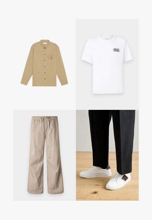 Beige skjorte med lange ermer laget av bomull, med krage som kan kneppes, svarte knapper, en brystlomme og et merke på lommen.; Hvit bomull T-skjorte, korte ermer, rund hals. Har svart tekstlogo "JACK & JONES" på venstre brystområde. Enkel, ensfarget design.; Beige vide bukser med elastisk talje og snøre. Glat tekstur, to sidelommer og minimale syninger for en afslappet pasform.; Hvite sneakers med glatt tekstur, med brune skinnakenter og svart detaljer, parret med svarte skreddersydde bukser. Bakgrunn med tregulv.