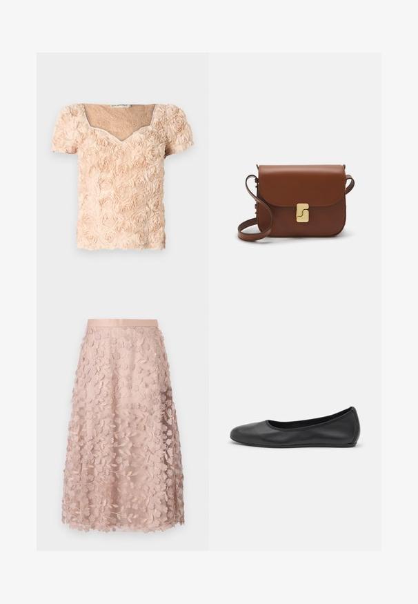 Ida Sjöstedt LOUISE - Pluus - light beige; Soe roosa pitsist midi-seelik, millel on lilleline tikand, sobitatud vöökoht ja kihiline disain, rõhutades õrna tekstuuri.; Musthave mustika tantsutossud mustast nahast, ümmarguse varbaga, siledast tekstuurist, minimaalse õmblusdetailiga ja paindliku tallakujundusega.; Pruunist nahast käekott, millel on klapiga sulgur, kuldne riistvara, õlarihm ja sile tekstuur. Kompaktne ristkülikukujuline vorm.