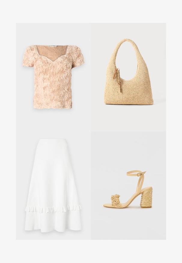 Ida Sjöstedt LOUISE - Palaidinė - light beige; Balta platėja sijonas, pagamintas iš tekstūruoto audinio, su banguotu kraštu ir aklų dizainu, sklandžiu juosmeniu ir iki kelių siekiančiu ilgiu.; Bežiniai aukšti kulniukai su pintu tekstūra, puošiami dekoratyvine gėle ir kulkšnies dirželiu. Kvadratinis kulnas suteikia stabilumo.; Audimo šviesiai rudos spalvos rankinė su išlenkta rankena, tekstūruotu paviršiumi ir ruda kutu. Yra laisva, hobo forma.