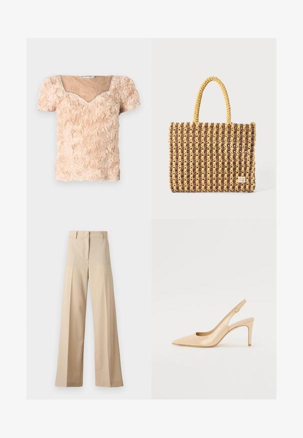 Ida Sjöstedt LOUISE - Palaidinė - light beige; Smėliniai plačių kojų kelnių pagamintos iš lygaus audinio, su plokščiu priekiu su klostėmis, užtrauktuku ir kilpomis diržui. Visapusiškai pritaikyta forma.; Nude patentinės odos slingback kulniukai su smailiu pirštu, atviru vampu ir plonu stiletu. Papuošta apvaliu auksiniu akcentu ant dirželio.; Ruda ir geltona audinio rankinė, turinti stačiakampį formą, dvi rankenas ir tekstūruotą paviršių su matomais siūlėmis bei prekių ženklu.