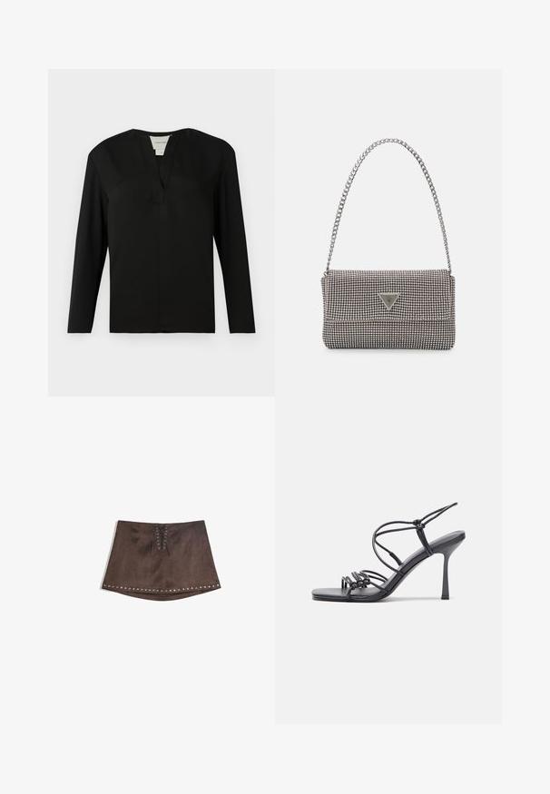 Schwarzes Langarmshirt aus glattem Stoff. Verfügt über einen Ausschnitt mit Schlitz und ein minimalistisches Design mit geradem Schnitt und ohne Verzierungen.; Brauner Kunstwildleder-Minirock mit Vorderseite und Schnürdetails sowie silbernen Nieten am Saum. Glatte Textur, A-Linie und kurze Länge.; Schwarze, hochhackige Sandalen mit dünnen Riemen und einem geknoteten Design, einer glatten, rechteckigen Zehenpartie und einem eleganten Stiletto-Absatz.; Hellegraue metallische Handtasche mit einer Kettenriemen, verziert mit kleinen kreisförmigen metallic Nieten und einem dreieckigen Markenlogo.; Silberne Creolen mit einer glatten, glänzenden Oberfläche. Abgerundete Form, leichtes Design, mit einer Steckverschluss.