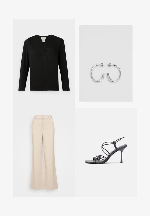 Melnā garām piedurknēm blūze, kas izgatavota no gludas auduma. Iespējota ar izgriezumu un minimālistisku dizainu ar taisnu griezumu un bez rotājumiem.; Beigā krāsā platās bikses ar gludu tekstūru, ar augstu jostasvietu un divām priekšējām kabatām. Tīrs dizains ar piegriezumu, kas pielāgots ķermenim.; Melnas augstpapēžu sandales ar plāniem siksniņām un mezgla dizainu, gluda kvadrātveida purngalu un elegantu stiletto papēdi.; Sudraba riņķveida auskari ar gludu, spīdīgu apdari. Apaļas formas, viegla dizaina, ar aizdari uz stieples.