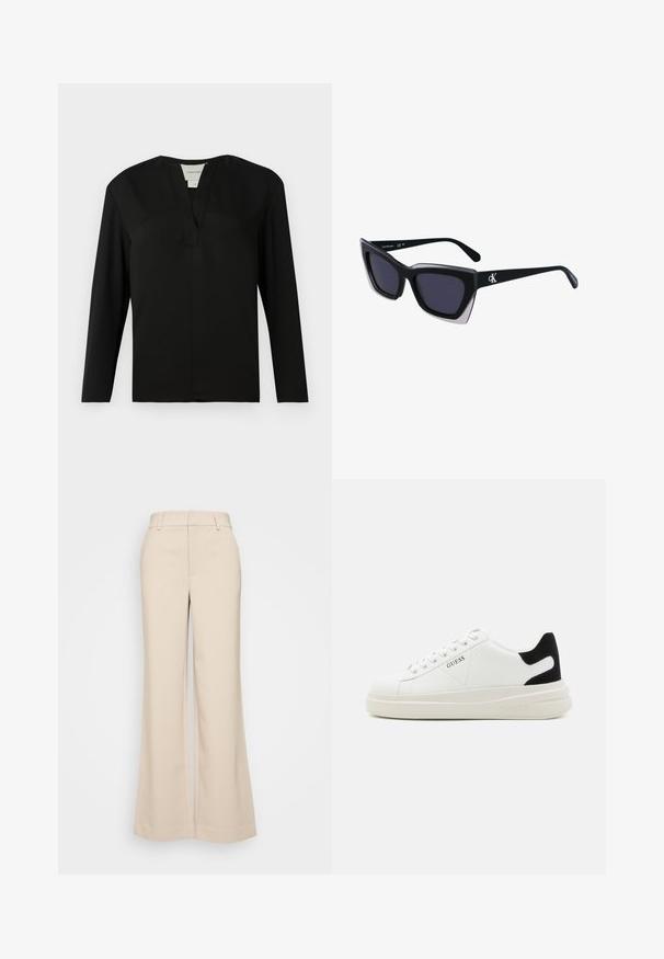 Čierny top s dlhými rukávmi vyrobený z hladkej látky. Obsahuje výstrih do V a minimalistický dizajn s rovnom strihom bez ozdôb.; Bežové nohavice s širokými nohavicami a hladkou textúrou, s vysokým pásom a dvoma prednými vreckami. Čistý dizajn s prispôsobeným strihom.; Biele kožené tenisky s hrubou bielou podrážkou, čiernym zamekom na päte a vyrazeným logom na boku. Šnurovací dizajn so šiestimi očkami.; Čierne oversized slnečné okuliare s geometrickým tvarom, s tmavými šošovkami a kontrastným šedým detailom na ráme. Logo na mostíku.