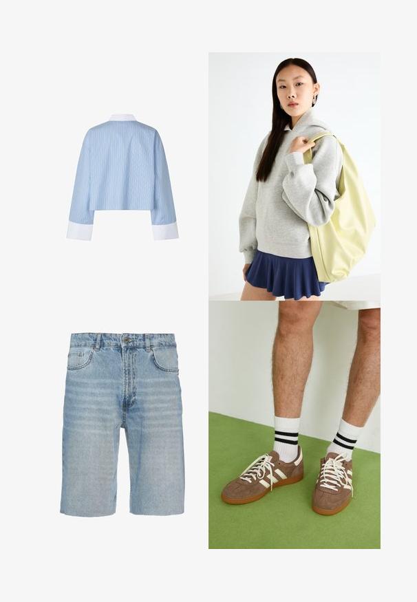 Camisa azul recortada con rayas verticales, que presenta un collar y puños blancos. El tejido parece suave con una textura agradable.; Pantalones cortos de mezclilla en azul claro, con un diseño clásico de cinco bolsillos, cierre de botón, corte recto y un sutil detalle de desvanecimiento en la tela.; Zapatillas de ante marrón con acentos y cordones blancos. Suela de goma color caramelo. Usadas con calcetines blancos con rayas negras. Suelo texturizado verde.; Sudadera de gran tamaño en color gris con un bolsillo canguro, combinada con una falda acampanada azul marino. Accesorio: mochila grande de color amarillo claro, con textura suave.