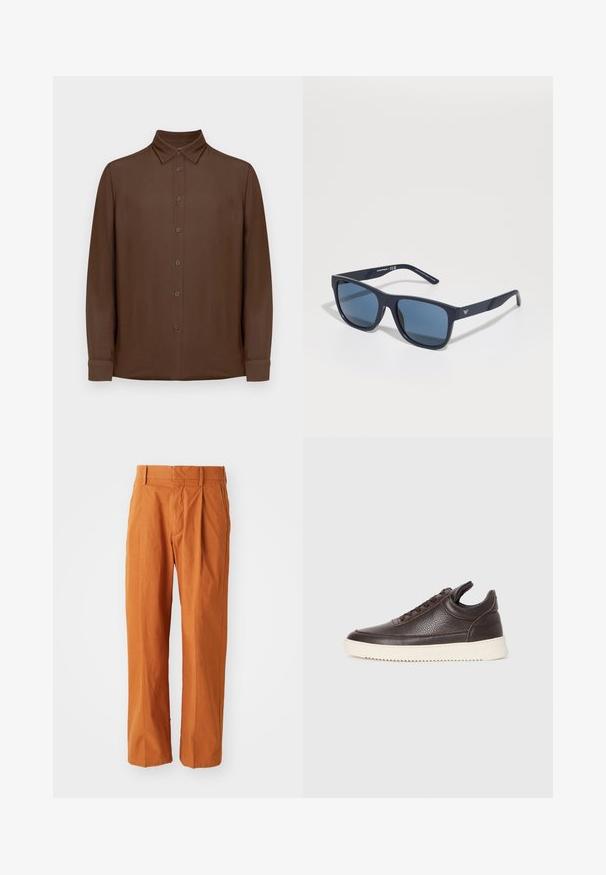 Lange mouwen bruine knop-overhemd met kraag en manchetten, plat weergegeven tegen een witte achtergrond.; Oranje katoenen broek met een rechte pasvorm, voorzien van voorplooien, riemlussen en een gladde textuur. Klassiek ontwerp zonder patronen.; Donkerbruin gestructureerd leren sneaker met vetersluiting en een witte gegroefde rubberen zool tegen een effen lichte achtergrond.; Blauwe rechthoekige zonnebril met donkere lenzen, matte marineblauwe montuur, logo-detail op de slaap, rechte pootjes en een solide, gladde textuur.