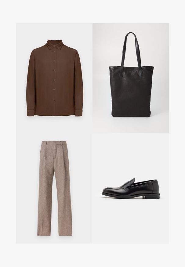 Long-sleeve brown button-up shirt with collar and cuffs, displayed flat against a white background.; Brown, high-waisted trousers made of textured fabric. Features wide legs and two front pleats for structure. Neat finish with no visible hardware.; Black leather loafers with a smooth texture, rounded toe, and a decorative strap across the vamp. Low stacked heel, minimalist design.; Black canvas tote bag with black leather handles. Simple design, spacious body, and a smooth texture. No visible logos or patterns.