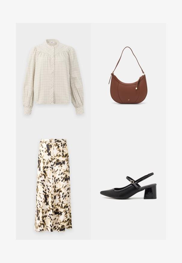 Long-sleeve blouse in cream with a grid pattern. Features a mandarin collar and button closure, with gathered fabric at shoulders.; A knee-length skirt in a light fabric with a beige, brown, and green abstract pattern. Features a fitted waistband and flowing design.; Black patent leather slingback heels with a pointed toe, a rounded cutout design, and a block heel. Features a gold-tone buckle accent.; Brown faux leather shoulder bag with curved shape, minimal stitching, and a gold-tone hardware accent. Features a top zipper closure and adjustable strap.