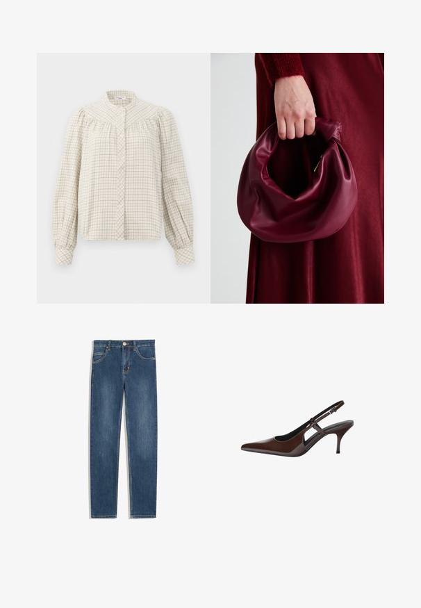 Long-sleeve blouse in cream with a grid pattern. Features a mandarin collar and button closure, with gathered fabric at shoulders.; Dark blue denim jeans with a straight fit, five pockets, subtle stitching detail, and a metal button at the waist.; Brown patent leather slingback pump with a pointed toe, open cutouts, and a thin heel. Features an adjustable buckle strap.; Burgundy leather handbag with a soft, gathered design and a rounded shape. The handle is secured, showcasing a smooth texture.