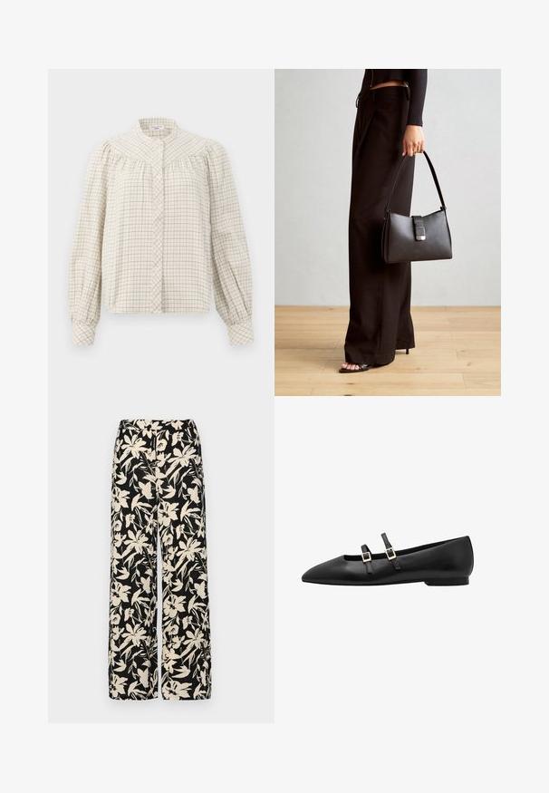 Camicia a maniche lunghe color crema con motivo a scacchi. Caratterizzata da un colletto alla mandarino e chiusura con bottoni, con tessuto arricciato sulle spalle.; Pantaloni larghi neri con un motivo floreale crema. Realizzati in tessuto leggero, con una texture liscia e una vita alta.; Scarpa piatta in pelle nera con punta appuntita, caratterizzata da due cinturini neri e square fibbie dorate. Texture liscia e suola bassa.; Borsa nera con forma strutturata, texture liscia e una chiusura metallica. Abbinata a pantaloni neri larghi e sandali open-toe su un pavimento in legno.