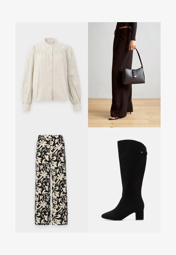 Dlhý rukáv blúzka v krémovej farbe s mriežkovaným vzorom. Obsahuje mandarinový golier a zapínanie na gombíky, s nahrnutým materiálom na pleciach.; Čierne nohavice s širokými nohavicami a krémovým kvetinovým vzorom. Vyrobené z ľahkej látky, s hladkou textúrou a vysokým pásom.; Čierne semišové čižmy po kolená s špicatou špičkou a blokovým podpätkom. Vyznačujú sa hladkou textúrou a jednoduchým dizajnom, s bočným pásikom ako akcentom.; Čierna kabelka so štruktúrovaným tvarom, hladkou textúrou a kovovou sponou. V kombinácii so širokými čiernymi nohavicami a sandálmi s otvorenou špičkou na drevenej podlahe.