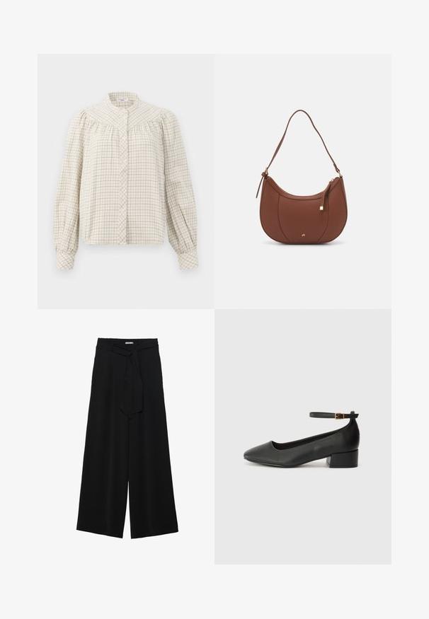Blusa de mangas longas em creme com um padrão em grelha. Apresenta colarinho mandarim e fechamento com botões, com tecido franzido nos ombros.; Calças largas pretas com um tecido texturizado, uma cintura elástica e um laço destacável na cintura para um ajuste ajustável.; Sandal de pele preta com bico pontiagudo e um salto bloco baixo. Apresenta uma tira no tornozelo com uma fivela em tom dourado. Textura suave.; Mala de ombro em pele sintética castanha com forma curva, costura minimalista e detalhe em metal dourado. Apresenta fecho de zíper no topo e alça ajustável.