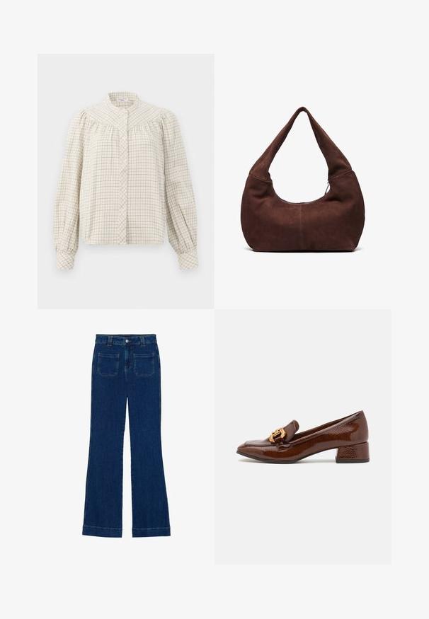 Hosszú ujjú blúz krém színben, négyzethálós mintával. Mandarin gallérral és gombzárral rendelkezik, vállain ráncolt anyaggal.; Sötét kék, sima textúrájú, bővülő farmernadrág, öt zsebbel és gombos derékkal.; Barna bőr loaferek fényes felülettel, dekoratív arany csattal az elején és alacsony blokk sarkával. Klasszikus dizájn.; Barna velúr hobo táska ívelt, széles fogantyúval és nagy nyílással. Puha textúra, a szélek mentén látható varrás részletekkel.