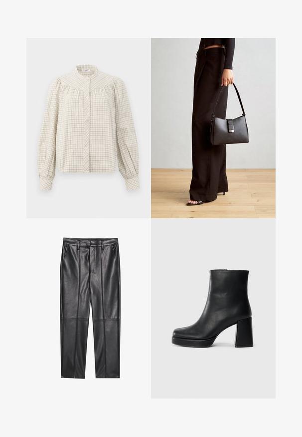 Camicia a maniche lunghe color crema con motivo a scacchi. Caratterizzata da un colletto alla mandarino e chiusura con bottoni, con tessuto arricciato sulle spalle.; Pantaloni in pelle nera con una texture liscia, caratterizzati da un fit dritto, due tasche frontali e dettagli delle cuciture in evidenza.; Stivale alla caviglia in pelle nera con tacco a blocco e suola platform, visto di lato su uno sfondo bianco uniforme.; Borsa nera con forma strutturata, texture liscia e una chiusura metallica. Abbinata a pantaloni neri larghi e sandali open-toe su un pavimento in legno.