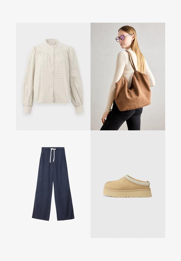 Langærmet bluse i creme med et rutemønster. Har en mandarinkrave og knaplukning, samt samlet stof ved skuldrene.; Mørkeblå vide bukser lavet af et blødt, tekstureret stof. Har en elastisk talje med snoretræk og sidelommer.; Tan ruskind slip-on sko med en polstret krave og en tekstureret lyseblå accent. Har en tyk, holdbar ydersål med et mønstret slidbane.; Brun ruskind tote taske med blød tekstur, stor åbning og lange stropper. Har et enkelt design med synlige syninger og ingen hardware.