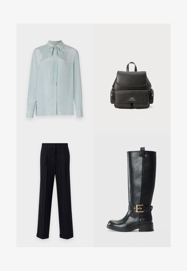 Lichtblauwe satijnen blouse met een kraag en een gestrikt strikdetail. Heeft lange mouwen met knoopsluiting en een knoopsluiting aan de voorkant.; Zwarte broek met streepjes in een getailleerde pasvorm, voorzien van een omgeslagen zoom en voorplooien. Gemaakt van een gladde stof met een gestructureerd ontwerp.; Zwarte leren laars tot de knie met een lage blokhak, een decoratieve gouden gesp rond de enkel en een trekriem aan de bovenkant.; Zwarte leren rugzak met een klepsluiting, voorvak, zijvak met ritssluitingen en een handvat aan de bovenkant. Met logo-details aan de voorkant.