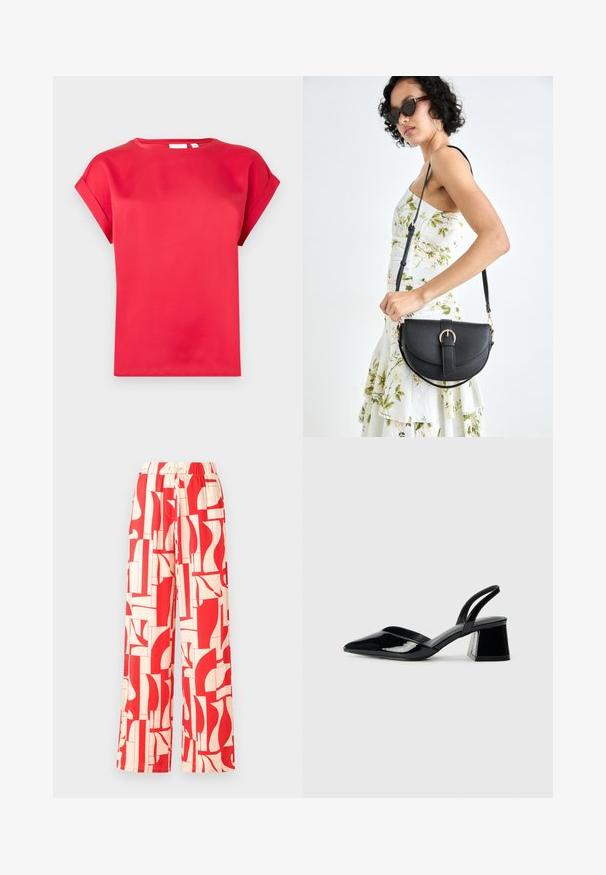 Red short-sleeve t-shirt made of smooth material with a round neckline and rolled cuffs, featuring a relaxed fit and no visible patterns.; Red patterned wide-leg pants featuring an elastic waistband, comprised of lightweight fabric with abstract shapes in red and cream.; Black patent leather slingback heels with a pointed toe and a geometric block heel. Features a sleek, minimal design and smooth texture.; Black leather handbag with a curved shape, detachable strap, and gold hardware. The bag features a flap with a buckle detail.