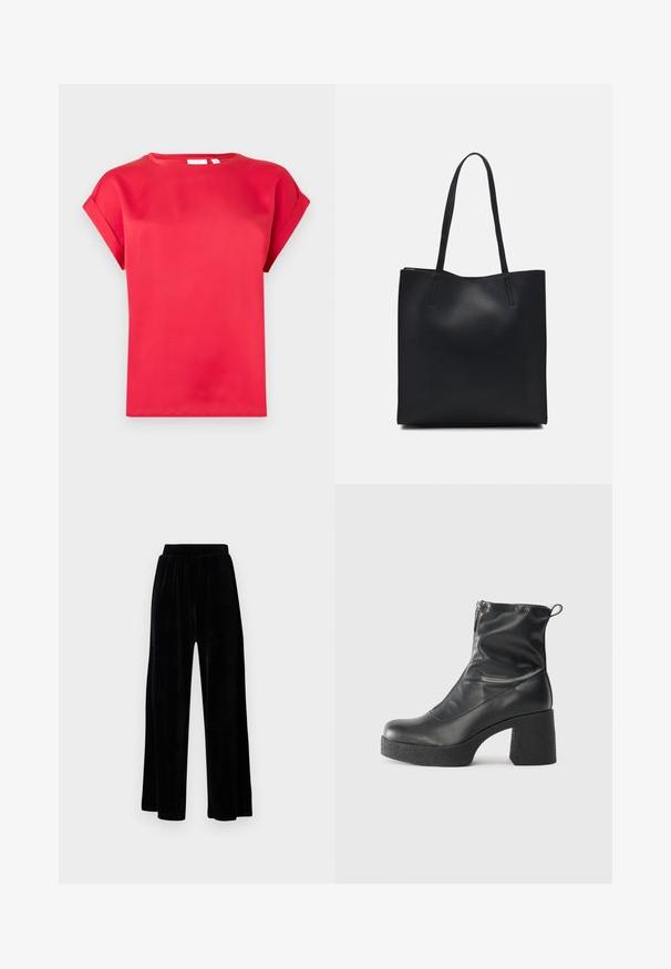 Red short-sleeve t-shirt made of smooth material with a round neckline and rolled cuffs, featuring a relaxed fit and no visible patterns.; Black wide-leg trousers made of soft velvet, featuring an elastic waistband and a smooth texture, with no visible detailing or patterns.; Black ankle boots made of smooth leather, featuring a side zipper, chunky textured heel, and rounded toe design.; Black leather tote bag with smooth texture, rectangular shape, and two long handles. No visible hardware or embellishments.