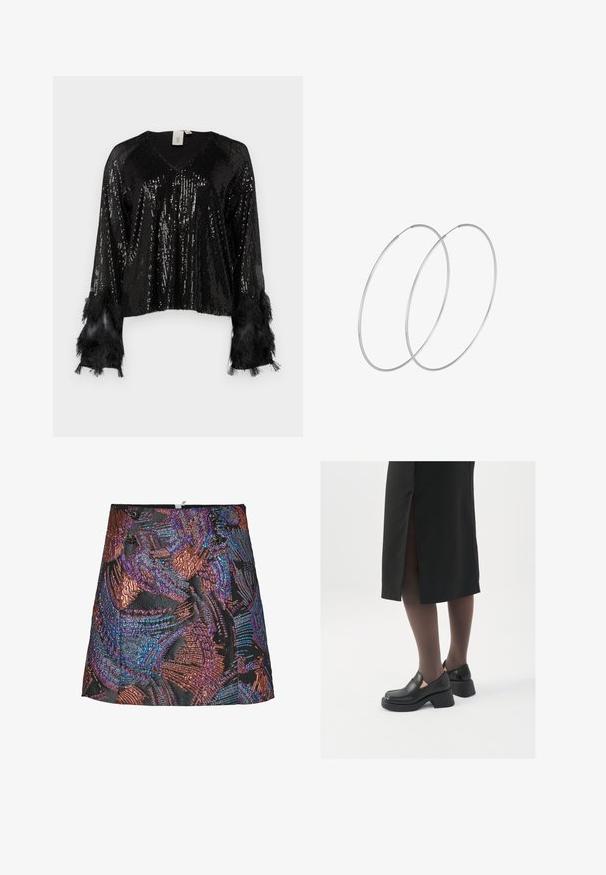 Schwarzes Pailletten-Oberteil mit V-Ausschnitt, langen Ärmeln verziert mit schwarzen Fransen, strukturierten Pailletten, die den Körper bedecken, und einer cropped Passform.; Metallischer Minirock mit einem strukturierten Muster in lebendigen Farbtönen von Lila und Bronze, auf schwarzem Grund und mit dekorativen Knöpfen am Bund.; Schwarze Lederschuhe mit abgerundetem Zeh, dicker Blockabsatz und elastischen seitlichen Akzenten, kombiniert mit dunklen Strumpfhosen und einem schwarzen Rock mit Schlitz.; Silberne Creolen mit minimalistischem Design. Rundform, glatte Oberfläche und dünnes Profil. Leichtgewichtig mit hochglänzender Oberfläche.