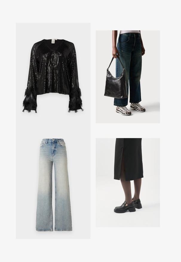 Black sequined top with a V-neck, long sleeves accented with black fringes, textured sequins covering the body, and a cropped fit.; Light blue wide-leg jeans made of denim, featuring a high waist, five pockets, and visible stitching along the seams.; Black leather shoes with a rounded toe, thick block heel, and elastic side accents, paired with dark tights and a black skirt with a slit.; Black leather shoulder bag with a smooth texture and adjustable strap, paired with faded wide-leg jeans and athletic sneakers.