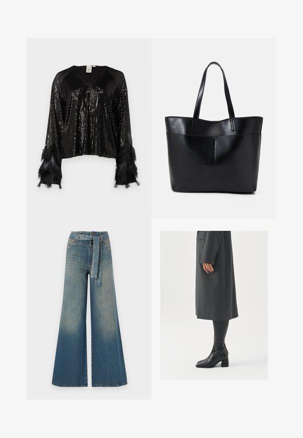 Svart sequin topp med V-hals, lange ermer akkompagnert av svarte frynser, teksturerte paljetter som dekker kroppen, og en kort passform.; Bredde ben jeans med en lyseblå til mørkeblå gradient, høyt liv, beltehemper og et matchende belte i samme stoff. Teksturert denimoverflate.; Grå, skreddersydd frakk med rett snitt; kombinert med knehøye svarte lærstøvler med firkantet tå og kraftig hæl.; Svart lær toteveske med to lange håndtak, en glatt tekstur og en strukturert form. Har en frontlomme for ekstra oppbevaring.