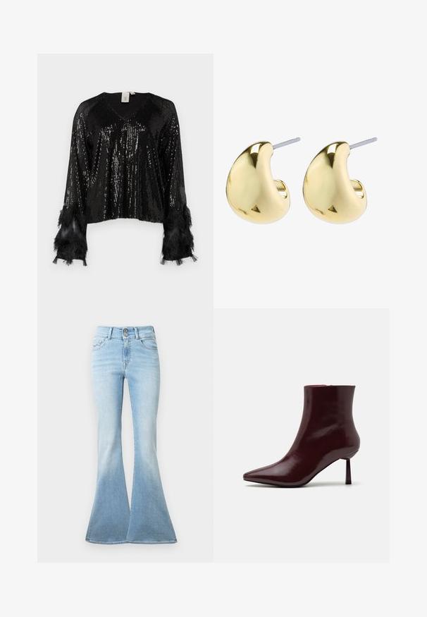 Melna spīdīga blūze ar V veida kakla izgriezumu, garām piedurknēm, kuras rotā melni frizi, ar teksturētām spīdošām peldēm, kas pārklāj ķermeni, un ir īsa piegriezuma.; Gai zili džinsi ar platām piegriezuma kājām, izgatavoti no denima. Iebūvēta augsta josta ar divām pogām un nelielu izbalējumu pie apakšmalas. Klasiska piecu kabatu dizains.; Burgundijas lakota ādas potīšu zābaciņi ar smailu purngalu un šauru stiletto papēdi, kas izceļas ar gludu, spīdīgu tekstūru un minimālistisku dizainu.; Zelta krāsas auskari ar gludu, noapaļotu formu, kas izceļas ar atstarojumu un apakšējo stiprinājumu, nodrošinot drošu nēsāšanu.