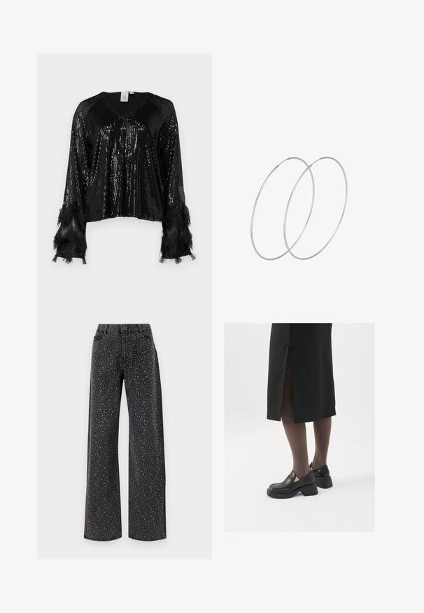 Juodas blizgučiais dekoruotas viršus su V forma iškirpte, ilgomis rankovėmis, papuoštomis juodais franjais, su tekstūriniais blizgučiais, dengiančiais kūną, ir trumpu kirpimu.; Noisy May NMJANNEL LOOSE - Laisvo kirpimo džinsai - black denim; Juodos odinės bateliai su apvaliu nosiu, stora blokine pakulne ir elastingais šonais, derinami su tamsiomis pėdkelnėmis ir juoda sijonu su plyšiu.; Sidabrinės pusmėnulio auskarai minimalistiniu dizainu. Apskritimo forma, lygus paviršius ir plonas profilis. Lengvi su poliruotu apdailu.