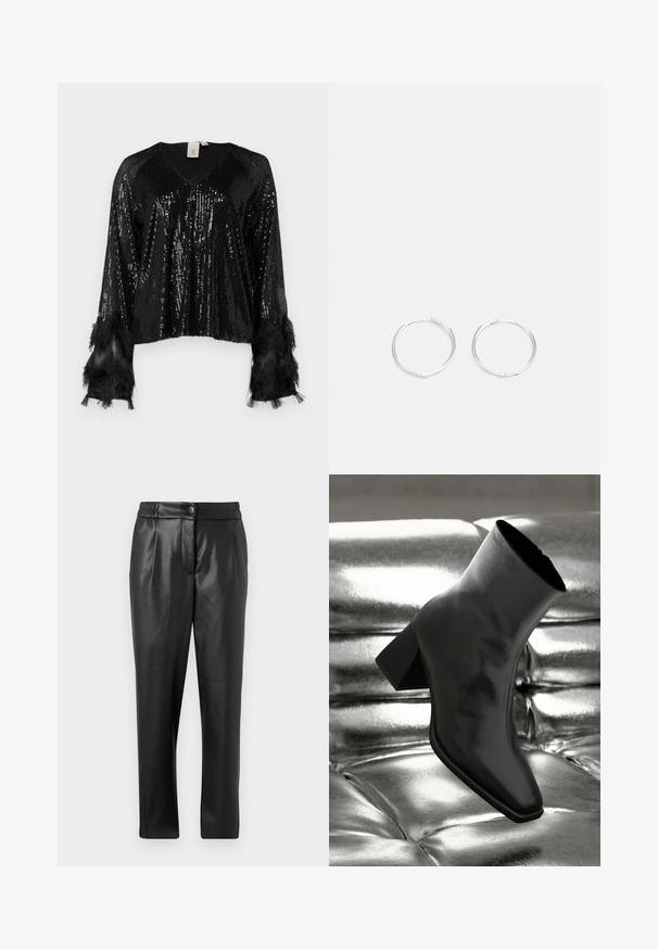 Crna bluzica sa sequins detaljima, V-izrezom, dugim rukavima naglašenim crnim resicama, teksturiranim sequins pokrivačem i skraćenim krojem.; Crne kožne hlače s glatkom teksturom, ravnog kroja, elastičnim pojasom i prednjim kopčanjem na dugme; nabran detalj i suženi nogavič.; Crni gležnjača napravljena od sjajnog materijala sa četvrtastim vrhom i suženom petom, postavljena protiv srebrne sjajne pozadine sa nabranim uzorkom.; Srebrne okrugle naušnice jednostavnog dizajna, s glatkom površinom i bez vidljivih ukrasa. Promjer nije specificiran.
